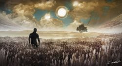 Rule 34 | 1boy, absurdres, cloud, concept art, field, final fantasy, from behind, highres, jack garland, official art, scenery, signature, solo, standing, stranger of paradise: final fantasy origin, sun, tree, wheat, wheat field