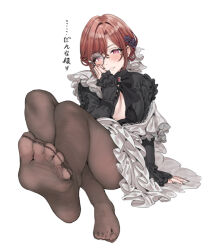 Rule 34 | 1girl, alternate costume, apron, arm support, black pantyhose, black shirt, blush, breasts, brown hair, cleavage, enmaided, feet, fingernails, foot focus, hamedoragon, higuchi madoka, idolmaster, idolmaster shiny colors, leg up, looking at viewer, maid, medium breasts, mole, mole under eye, monocle, nail polish, official alternate costume, pantyhose, red eyes, shirt, simple background, sitting, smile, soles, solo, toes, translation request, white apron, white background