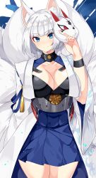 Rule 34 | 1girl, animal ear fluff, animal ears, arm at side, azur lane, blue eyes, blue skirt, blunt bangs, breasts, cleavage, closed mouth, collarbone, commentary request, cowboy shot, dot nose, dress, fox ears, fox mask, frilled dress, frills, hand up, highres, kaga (azur lane), kitsune, large breasts, legs together, long sleeves, looking at viewer, mask, multiple tails, sia namsbinpeni, skirt, smile, solo, split mouth, standing, tail, two-tone background, v-shaped eyebrows, white hair, wide sleeves