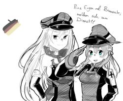 Rule 34 | 10s, 2girls, aqua eyes, bare shoulders, bismarck (kancolle), blue eyes, blush, breasts, cross, detached sleeves, german flag, german text, hair ornament, hair ribbon, hand on own hip, hat, iron cross, kantai collection, long hair, long sleeves, medium breasts, melonenbrot, military, military uniform, multiple girls, open mouth, peaked cap, prinz eugen (kancolle), ribbon, salute, sideboob, simple background, sketch, small breasts, smile, spot color, taut clothes, translated, uniform, white background