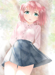 Rule 34 | 10s, 1girl, :o, against tree, aqua eyes, arms behind back, blue skirt, blush, casual, center frills, collared shirt, commentary request, cowboy shot, day, frilled shirt collar, frills, guranyto, hair between eyes, kurosawa ruby, long sleeves, looking at viewer, love live!, love live! school idol festival, love live! sunshine!!, medium skirt, open mouth, outdoors, pink shirt, round teeth, shirt, short hair, skirt, solo, standing, striped clothes, striped skirt, teeth, thigh gap, thighs, tree, two side up, upper teeth only, vertical-striped clothes, vertical-striped skirt, wing collar