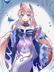 Rule 34 | 1girl, absurdres, bare shoulders, blue choker, blue dress, blue hair, blush, choker, commentary request, dress, feet out of frame, frilled sleeves, frills, genshin impact, gloves, gradient background, grey gloves, highres, k o m i, long hair, long sleeves, looking at viewer, navel, off-shoulder dress, off shoulder, pink hair, purple eyes, sangonomiya kokomi, smile, solo, thighhighs, thighs, very long hair, white thighhighs, wide sleeves