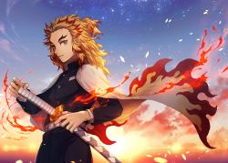 Rule 34 | 1boy, belt, blonde hair, cape, closed mouth, cloud, fire, fire, flame print, forked eyebrows, gakuran, half updo, highres, holding, holding sheath, holding sword, holding weapon, katana, kimetsu no yaiba, long sleeves, looking at viewer, male focus, multicolored hair, multicolored sky, orange eyes, red hair, rengoku kyoujurou, rokuo016, school uniform, sheath, sheathed, sky, solo, star (sky), starry sky, sun, sunlight, sunset, sword, twilight, two-tone hair, weapon, white cape