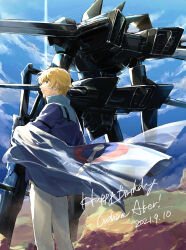 Rule 34 | 1boy, 2021, absurdres, armor, black armor, blonde hair, blue flag, blue jacket, blue sky, character name, closed mouth, cloud, cloudy sky, commentary request, dated, flag, from behind, graham aker, green eyes, gundam, gundam 00, happy birthday, highres, holding, holding flag, holding weapon, jacket, light smile, long sleeves, looking at viewer, looking back, mecha, military jacket, military uniform, mobile suit, nanao parakeet, outdoors, pants, robot, science fiction, short hair, sky, standing, uniform, union flag, very short hair, weapon, white pants, wings