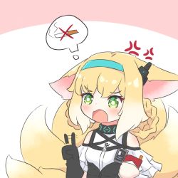 Rule 34 | 1girl, afterimage, anger vein, animal ears, arknights, black gloves, blonde hair, braid, braided hair rings, choker, cigarette, clothing cutout, floppy ears, fox ears, fox girl, fox tail, gloves, green eyes, hair rings, hairband, index finger raised, infection monitor (arknights), kitsune, kurotofu, multiple tails, open mouth, shoulder cutout, solo, spoken object, suzuran (arknights), tail, v-shaped eyebrows