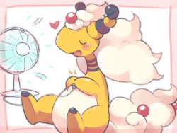 Rule 34 | :d, ampharos, blush stickers, commentary request, creatures (company), electric fan, closed eyes, framed, game freak, gen 2 pokemon, heart, holding, mega ampharos, mega pokemon, nintendo, no humans, open mouth, pokemon, pokemon (creature), signature, sitting, smile, solo, tansho, tongue