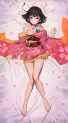 Rule 34 | 10s, 1girl, absurdres, bare legs, barefoot, bed, bed sheet, blush, breasts, brown hair, bug, butterfly, choker, feet, floral print, full body, highres, insect, japanese clothes, kimono, kimono skirt, knees together feet apart, koutetsujou no kabaneri, legs, looking at viewer, lying, medium breasts, mumei (kabaneri), obi, off shoulder, on back, petals, red eyes, ribbon choker, sash, short hair, short kimono, signature, solo, thighs, wide sleeves, yd (orange maru)