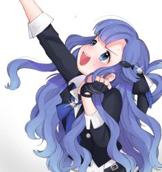 Rule 34 | &gt;:d, 1girl, arm up, asari nanami, belt, black gloves, blazer, blue eyes, blue hair, blue necktie, clenched hand, collared shirt, commentary, fingerless gloves, fish hair ornament, gloves, hair ornament, hairclip, highres, idolmaster, idolmaster cinderella girls, idolmaster cinderella girls starlight stage, jacket, leather, leather jacket, long hair, loose necktie, necktie, next frontier, nicori nico, shirt, side ponytail, simple background, sleeves rolled up, solo, sweatdrop, teeth, upper body, upper teeth only, v-shaped eyebrows, very long hair, wavy hair, white background, white shirt