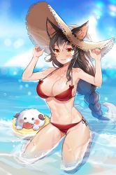 Rule 34 | 1girl, :3, absurdres, ahri (league of legends), animal ears, bad id, bad pixiv id, bare legs, barefoot, beach, bikini, blurry, bokeh, braid, breasts, day, depth of field, ears through headwear, facial mark, fang, fang out, hands on headwear, hat, highres, innertube, large breasts, league of legends, long hair, looking at viewer, multiple tails, navel, outdoors, partially submerged, poro (league of legends), red bikini, shorarung, side-tie bikini bottom, single braid, sitting, solo, straw hat, sun hat, swim ring, swimsuit, tail, very long hair, wariza, wet, yellow eyes