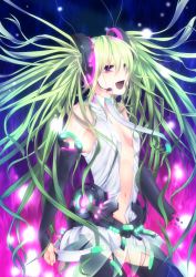 Rule 34 | 1girl, absurdres, belt, bridal gauntlets, elbow gloves, female focus, fingerless gloves, gloves, green hair, hatsune miku, hatsune miku (append), headset, highres, long hair, music, navel, necktie, open mouth, purple eyes, singing, solo, tateshina ryouko, tears, thighhighs, twintails, very long hair, vocaloid, vocaloid append, zettai ryouiki