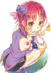 Rule 34 | 1girl, blush, fire, heart, looking at viewer, original, pink hair, red eyes, smile, solo, striped clothes, striped thighhighs, thighhighs, umeboshitora, wizard