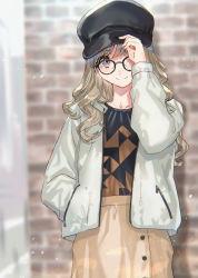 Rule 34 | 1girl, adjusting clothes, adjusting headwear, blonde hair, cabbie hat, collarbone, glasses, hand in pocket, hat, highres, looking at viewer, original, outdoors, ran&#039;ou (tamago no kimi), smile, solo, yellow eyes