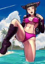 Rule 34 | 1girl, alternate costume, beach, bikini, blue sky, blush, boots, breasts, breasts apart, cleavage, cloud, commentary, contrail, curvy, day, drill hair, embarrassed, gluteal fold, han juri, highres, hip focus, leg up, legs, looking at viewer, medium breasts, navel, ocean, open mouth, outdoors, palm tree, partially submerged, purple eyes, sand, sky, solo, stomach, street fighter, street fighter v, swimsuit, thighs, toned, tree, twin drills, wading, water, yuu3