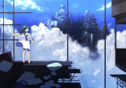 Rule 34 | 1girl, bad id, bad pixiv id, bare shoulders, book, cactus, city, cityscape, cloud, couch, cup, day, dress, green hair, kawamura rakunan, kawamura rukanan, looking at viewer, looking back, outstretched arms, paper, pillow, quill, ruins, scenery, sky, smile, solo, spread arms, sundress, teacup, teapot