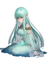 Rule 34 | 1girl, absurdres, aqua dress, aqua hair, bare shoulders, commentary, commission, dragonstone, dress, fire emblem, fire emblem: the blazing blade, haru (nakajou-28), highres, ice, long hair, long sleeves, looking at viewer, ninian (fire emblem), nintendo, off-shoulder dress, off shoulder, pixiv commission, red eyes, simple background, sitting, snowflakes, solo, very long hair, white background