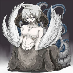 Rule 34 | 1girl, breasts, chimera, horns, looking at viewer, monster girl, pixiv sample, resized, setouchi, setouchi (blackse), small breasts, solo, tagme, tentacles, what, white hair, wings