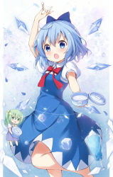 Rule 34 | 2girls, :d, :o, absurdres, arm up, barefoot, blue bow, blue dress, blue eyes, blue hair, blue wings, blush, bow, chibi, cirno, collared dress, collared shirt, commentary request, daiyousei, dress, fairy wings, green eyes, green hair, hair between eyes, hair bow, highres, holding, ice, ice cube, ice wings, long hair, mini person, minigirl, multiple girls, open mouth, puffy short sleeves, puffy sleeves, red bow, shirt, short sleeves, side ponytail, sidelocks, sleeveless, sleeveless dress, smile, snowflakes, standing, standing on one leg, stick jitb, touhou, white shirt, wings, yellow bow