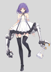 Rule 34 | 1girl, arm garter, bag, bare shoulders, black thighhighs, carrying, carrying bag, dress, extra arms, full body, garter straps, glasses, grey background, looking to the side, mechanical arms, original, pump (pumpqmuq), purple eyes, purple hair, simple background, solo, thighhighs
