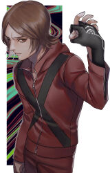 Rule 34 | 1boy, brown eyes, brown hair, closed mouth, extra hands, furrowed brow, highres, holding hands, jacket, long sleeves, looking to the side, male focus, pants, persona, persona 2, persona 2 batsu, pillarboxed, red jacket, red pants, short hair, suou tatsuya, suou tatsuya (persona 2 batsu), yuusya27