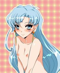 Rule 34 | 1990s (style), 1boy, androgynous, bishoujo senshi sailor moon, bishoujo senshi sailor moon supers, blue eyes, blue hair, blush, earrings, fish eye (sailor moon), jewelry, long hair, male focus, matching hair/eyes, nipples, nude, pointy ears, retro artstyle, topless male, smile, solo, toro0609, trap