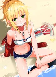 Rule 34 | 2017, :d, bare shoulders, beach, belt, blonde hair, boots, breasts, clarent (fate), cleavage, crab, cutoffs, dated, denim, denim shorts, fate/apocrypha, fate/grand order, fate (series), green eyes, groin, groin tendon, jacket, medium breasts, meladharma, mordred (fate), mordred (fate/apocrypha), mordred (memories at trifas) (fate), navel, necktie, ocean, open mouth, sand, shadow, shorts, smile, solo, starfish, water