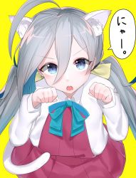 Rule 34 | 10s, 1girl, :o, ahoge, animal ears, bad id, bad pixiv id, blue eyes, bow, bowtie, cat ears, cat girl, cat tail, clenched hand, dress, eyebrows, from above, grey hair, hair between eyes, hair ribbon, highres, huge ahoge, kantai collection, kemonomimi mode, kiyoshimo (kancolle), long hair, long sleeves, looking at viewer, open mouth, paw pose, pleated dress, ribbon, school uniform, shirt, simple background, sleeveless, sleeveless dress, slit pupils, solo, speech bubble, speed lines, suzuharu toufu, tail, teeth, twintails, upper body, very long hair, white shirt, yellow background, yellow ribbon
