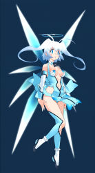 Rule 34 | 1girl, :o, absurdres, antenna hair, aoba anoa, black bow, black bowtie, blue eyes, blue theme, bow, bowtie, breasts, center opening, detached collar, floating hair, full body, halo, highres, long hair, navel, official art, otomedius, pelvic curtain, revealing clothes, see-through, see-through skirt, simple background, skirt, solo, thighhighs, white hair, wings, yoshizaki mine