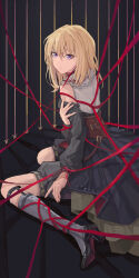 1girl absurdres bang_dream! bang_dream!_it&#039;s_mygo!!!!! black_dress black_footwear blacky1266859 blonde_hair brown_corset closed_mouth clothing_cutout commentary corset doloris_(bang_dream!) dress garter_straps grey_shorts grey_socks hair_between_eyes high_heels highres kneehighs long_sleeves looking_at_viewer medium_hair misumi_uika purple_eyes red_ribbon ribbon shorts shoulder_cutout socks solo