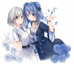 Rule 34 | 2girls, :d, alternate costume, asymmetrical docking, belt, blue dress, blue eyes, blue hair, blue ribbon, bracelet, breast press, breasts, choker, cleavage, commentary request, double bun, dress, flower, gloves, hair between eyes, hair bun, hair ornament, hair ribbon, hairclip, hamakaze (kancolle), highres, jewelry, kantai collection, large breasts, looking at viewer, malachite, multiple girls, neckerchief, open mouth, ribbon, rose, short hair, silver hair, smile, urakaze (kancolle), white background, white dress, white gloves, yellow neckerchief