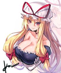 Rule 34 | 1girl, bare shoulders, blonde hair, blush, bow, breasts, cleavage, commentary, dress, gloves, hair between eyes, hair bow, hat, hat ribbon, highres, koissa, large breasts, long hair, looking at viewer, mob cap, off-shoulder dress, off shoulder, purple dress, red bow, red eyes, red ribbon, ribbon, simple background, smile, solo, touhou, upper body, white background, white gloves, white hat, yakumo yukari, zoom layer