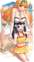 Rule 34 | 2girls, absurdres, blonde hair, blue eyes, blue hair, breasts, chest jewel, creatures (company), crossover, dawn (pokemon), duplicate, game freak, gem, gonzarez, headpiece, highres, large breasts, long hair, multiple girls, mythra (radiant beach) (xenoblade), mythra (xenoblade), name connection, nintendo, one-piece swimsuit, pixel-perfect duplicate, pokemon, pokemon (anime), pokemon dp047, pokemon dppt (anime), ribbed swimsuit, strapless, strapless one-piece swimsuit, striped clothes, striped one-piece swimsuit, swept bangs, swimsuit, tiara, vertical-striped clothes, vertical-striped one-piece swimsuit, very long hair, white one-piece swimsuit, xenoblade chronicles (series), xenoblade chronicles 2, yellow eyes