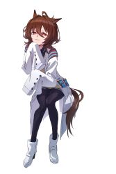 Rule 34 | 1girl, absurdres, agnes tachyon (umamusume), ahoge, animal ears, black pantyhose, boots, brown hair, closed mouth, collared shirt, full body, hair between eyes, highres, horse ears, horse girl, horse tail, invisible chair, lab coat, medium hair, pantyhose, red eyes, shirt, simple background, sitting, sleeves past fingers, sleeves past wrists, smile, solo, sweater, tail, test tube, umamusume, watou, white background, white footwear, yellow sweater