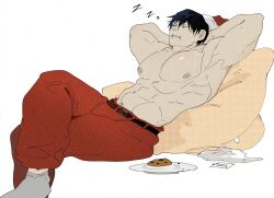 Rule 34 | 1boy, abs, alternate costume, armpits, bara, black hair, bogactivity, christmas, cookie, crossed legs, fake beard, fake facial hair, feet out of frame, food, from side, fushiguro touji, hat, highres, jujutsu kaisen, large pectorals, male focus, mature male, muscular, muscular male, navel, nipples, pectorals, santa costume, santa hat, scar, scar on face, scar on mouth, short hair, sleeping, solo, stomach, topless male