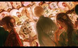 Rule 34 | 2boys, 2girls, arms at sides, blonde hair, blurry, braid, brown hair, candy apple, closed mouth, depth of field, dutch angle, eating, ensemble stars!, eye mask, facing another, facing away, finger to mouth, flower, food, fox mask, grey kimono, gugugusang111, hair flower, hair ornament, hair over shoulder, hand up, hibiki wataru, highres, holding, holding food, index finger raised, japanese clothes, kimono, lantern, letterboxed, long hair, looking at viewer, mask, motion blur, multiple boys, multiple girls, night, out of frame, outdoors, paper lantern, profile, short hair, shushing, sideways glance, single braid, smile, summer festival, tassel, tenshouin eichi, updo, white hair, yukata