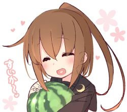Rule 34 | 1girl, :3, :d, blush, brown hair, closed eyes, commentary, crescent, crescent pin, ears visible through hair, floral background, food, fruit, fumizuki (kancolle), heart, heart in mouth, kantai collection, long hair, open mouth, school uniform, serafuku, smile, solo, upper body, watermelon, white background, yoru nai