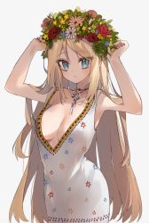 Rule 34 | 1girl, armpits, arms up, bad id, bad pixiv id, bare arms, bare shoulders, blonde hair, blue eyes, breasts, choker, cleavage, closed mouth, collarbone, dress, flower, head wreath, highres, long hair, looking at viewer, medium breasts, mid (gameshe), no bra, original, rose, sidelocks, simple background, sleeveless, sleeveless dress, slit pupils, solo, upper body, very long hair, white background, white dress