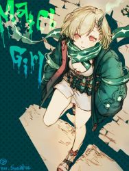Rule 34 | 1girl, breasts, cleavage, closed mouth, from above, full body, graffiti, green hair, green jacket, hair between eyes, hands in pockets, horns, jacket, leaning back, little match girl (sinoalice), looking at viewer, looking up, mu sinoalice, red eyes, red legwear, scarf, shoes, short hair, single horn, sinoalice, smile, sneakers, solo, standing, standing on one leg, white footwear
