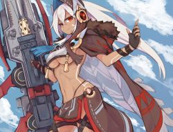Rule 34 | 1girl, abs, azur lane, bodypaint, breasts, cape, commentary request, contrapposto, crop top, crop top overhang, dark-skinned female, dark skin, facepaint, fingerless gloves, fur-trimmed cape, fur trim, gloves, hair between eyes, highleg, highleg panties, highres, hood, leg strap, loincloth, long hair, looking at viewer, marshall k, minneapolis (azur lane), native american, panties, ponytail, revealing clothes, smirk, solo, standing, strap, thigh strap, thong, toned, underboob, underwear, white hair