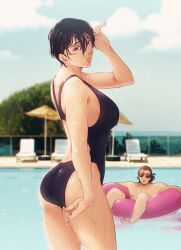 Rule 34 | 1boy, 1girl, adjusting clothes, adjusting swimsuit, beach chair, black eyes, black hair, black one-piece swimsuit, breasts, brown hair, chromatic aberration, cloud, competition swimsuit, contemporary, eren yeager, facial hair, facial scar, hanpetos, innertube, large breasts, mikasa ackerman, one-piece swimsuit, photo background, pool, scar, scar on cheek, scar on face, shingeki no kyojin, short hair, sky, stubble, sunglasses, swim ring, swimsuit, tree, wet