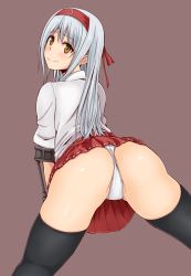 Rule 34 | 1girl, all fours, ass, black thighhighs, blush, clothes, female focus, headband, highres, kantai collection, long hair, looking back, nayuta1942, panties, shoukaku (kancolle), silver hair, simple background, smile, solo, thighhighs, underwear, white panties