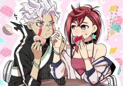 1boy 1girl aozora_airu ayase_momo couple dandadan eating facial_mark food holding holding_food jacket open_clothes open_jacket red_eyes takakura_ken_(dandadan) takakura_ken_(transformed)_(dandadan) white_hair