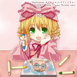 Rule 34 | 00s, 15citron, 1girl, :d, blonde hair, bow, crayon, dress, hair bow, hinaichigo, looking at viewer, open mouth, painting (object), pink bow, pink dress, rozen maiden, short hair, smile, solo, table, tareme, upper body