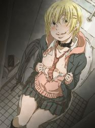 Rule 34 | 1girl, backpack, bag, bathroom, between breasts, blonde hair, blush, breasts, collar, collarbone, come hither, grey eyes, hair ornament, hairclip, highres, indoors, monodevil, necktie, nipples, open clothes, original, phone, school uniform, short hair, skirt, small breasts, smile, solo, toilet, undressing