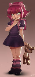 Rule 34 | 10s, 1girl, 2016, animal ears, annie (league of legends), backpack, badge, bag, black footwear, black nails, blush, button badge, cat ears, child, dress, fake animal ears, finger to mouth, highres, holding, league of legends, looking at viewer, pink hair, pink socks, purple dress, riot games, shoes, short hair, short sleeves, smile, socks, solo, standing, striped clothes, striped socks, stuffed animal, stuffed toy, teddy bear, yellow eyes, zeshgolden