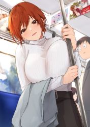 Rule 34 | 1boy, 1girl, absurdres, akito (d30n26), belt, black pants, breasts, brown eyes, commentary request, highres, large breasts, long sleeves, looking at viewer, nagi (akito), orange hair, original, pants, ribbed sweater, smile, sweater, train interior, turtleneck, turtleneck sweater, white sweater