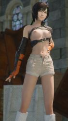 Rule 34 | 1girl, 3d, absurdres, belt, breasts, brown eyes, buckle, closed mouth, elbow gloves, female focus, final fantasy, final fantasy vii, final fantasy vii remake, fingerless gloves, gloves, hand on own hip, highres, kallenz, legs, navel, nipples, short hair, shorts, small breasts, solo, square enix, standing, stomach, thighs, unbuttoned, open fly, yuffie kisaragi