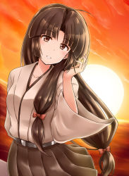 Rule 34 | 10s, 1girl, brown hair, brown skirt, dusk, hair ribbon, japanese clothes, kamelie, kantai collection, long hair, looking at viewer, low-tied long hair, ocean, pleated skirt, ribbon, shouhou (kancolle), skirt, smile, solo, sunset, upper body
