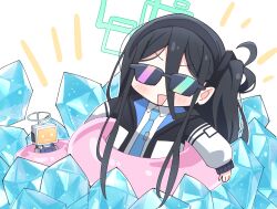 Rule 34 | 1girl, aqua halo, aris (blue archive), black hair, blue archive, blue necktie, blush, chibi, collared shirt, drone, green halo, hair between eyes, halo, innertube, jacket, long hair, long sleeves, necktie, open clothes, open jacket, open mouth, pyroxene (blue archive), shirt, side ponytail, simple background, sleeve cuffs, sleeves past wrists, sunglasses, swim ring, tsumiki sata, very long hair, white background, white shirt