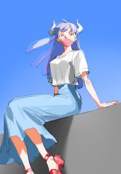 Rule 34 | 1girl, blue hair, blue skirt, blue sky, breasts, covered mouth, curled horns, high-waist skirt, horns, looking at viewer, mask, medium breasts, mouth mask, multicolored hair, one piece, pink eyes, pink hair, pink mask, raine (acke2445), red footwear, ribbed shirt, sandals, shirt, short sleeves, sitting, sitting on wall, skirt, sky, solo, two-tone hair, ulti (one piece), white shirt