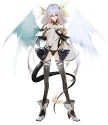 Rule 34 | 1girl, ankle boots, arc system works, asymmetrical wings, banpai akira, bare shoulders, black thighhighs, blue hair, boots, bow, collarbone, dizzy (guilty gear), full body, guilty gear, hair bow, hair ribbon, hand on own chest, high heel boots, high heels, light purple hair, long hair, long legs, long sleeves, navel, off shoulder, red eyes, ribbon, simple background, solo, tail, tail ornament, tail ribbon, thighhighs, twintails, very long hair, white background, wings